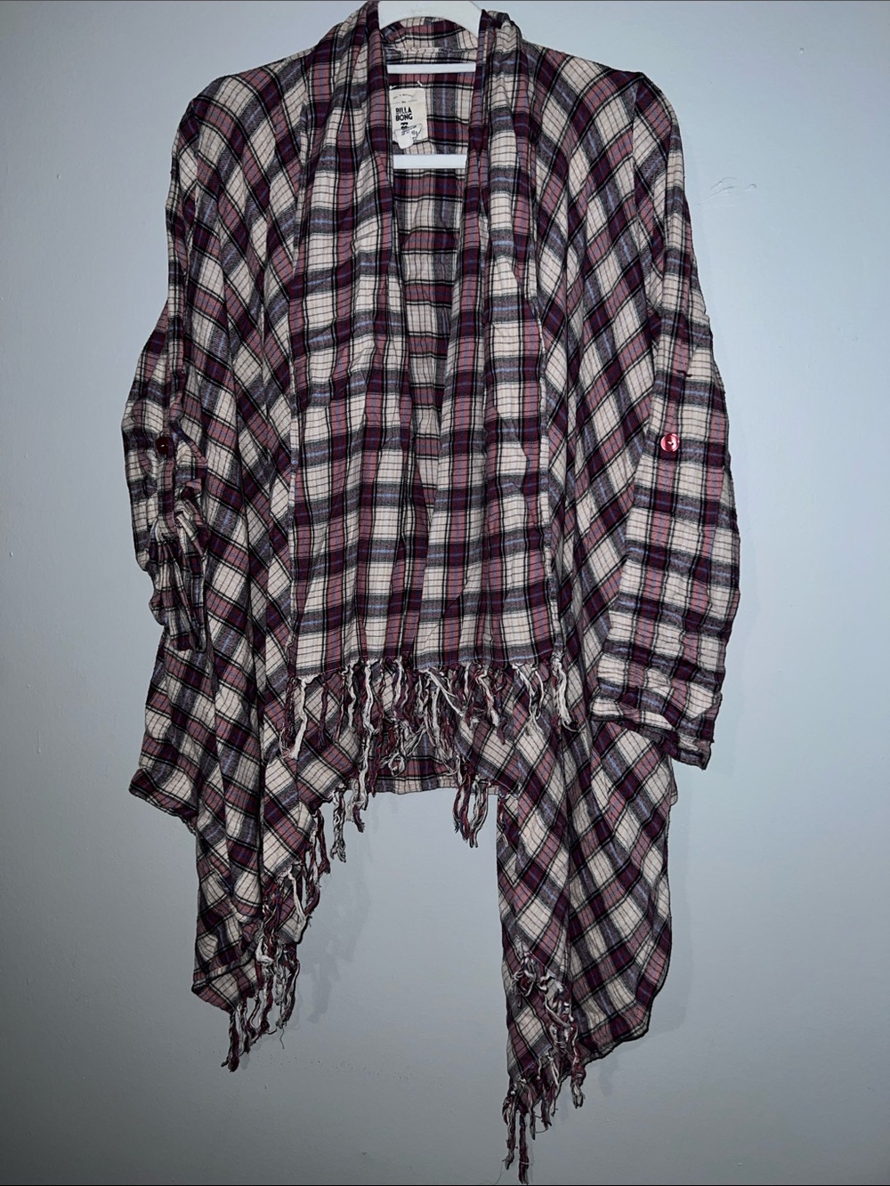 Billabong Plaid Fringe Open-Front Long-Sleeved Cardigan Size M